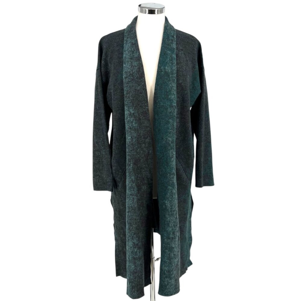 Eileen Fisher Pine Oxidized Wool Jacquard Kimono Coat Grey Blue Green Size Small